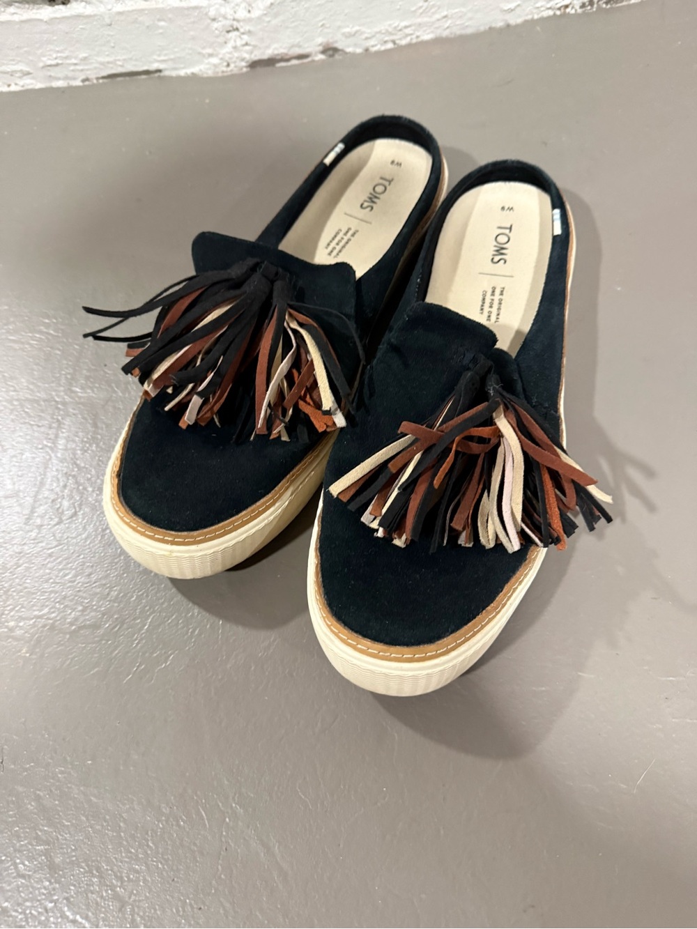 Toms Black Suede Tassel Platform Mules with Brown & Cream Accents